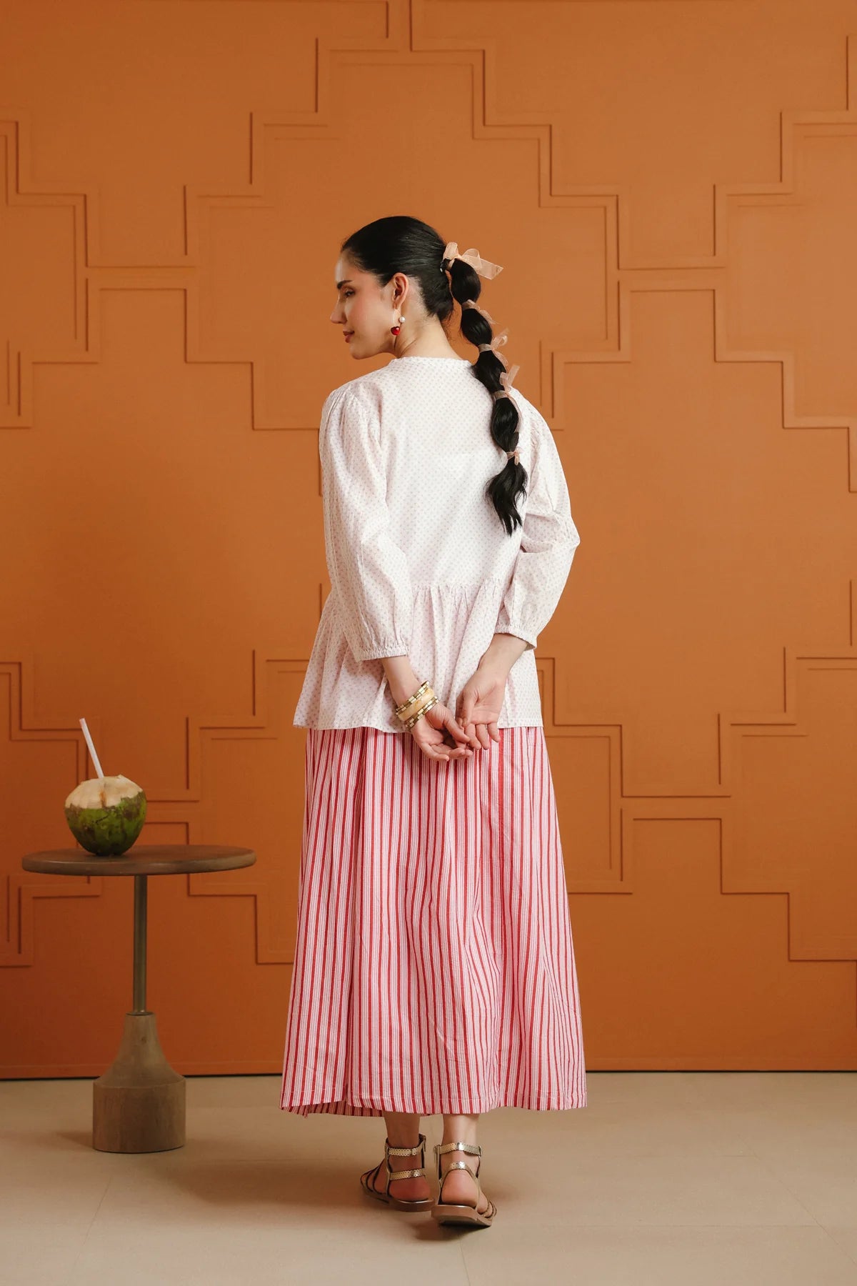 White Printed Tie-Up Cotton Top & Striped Skirt Set
