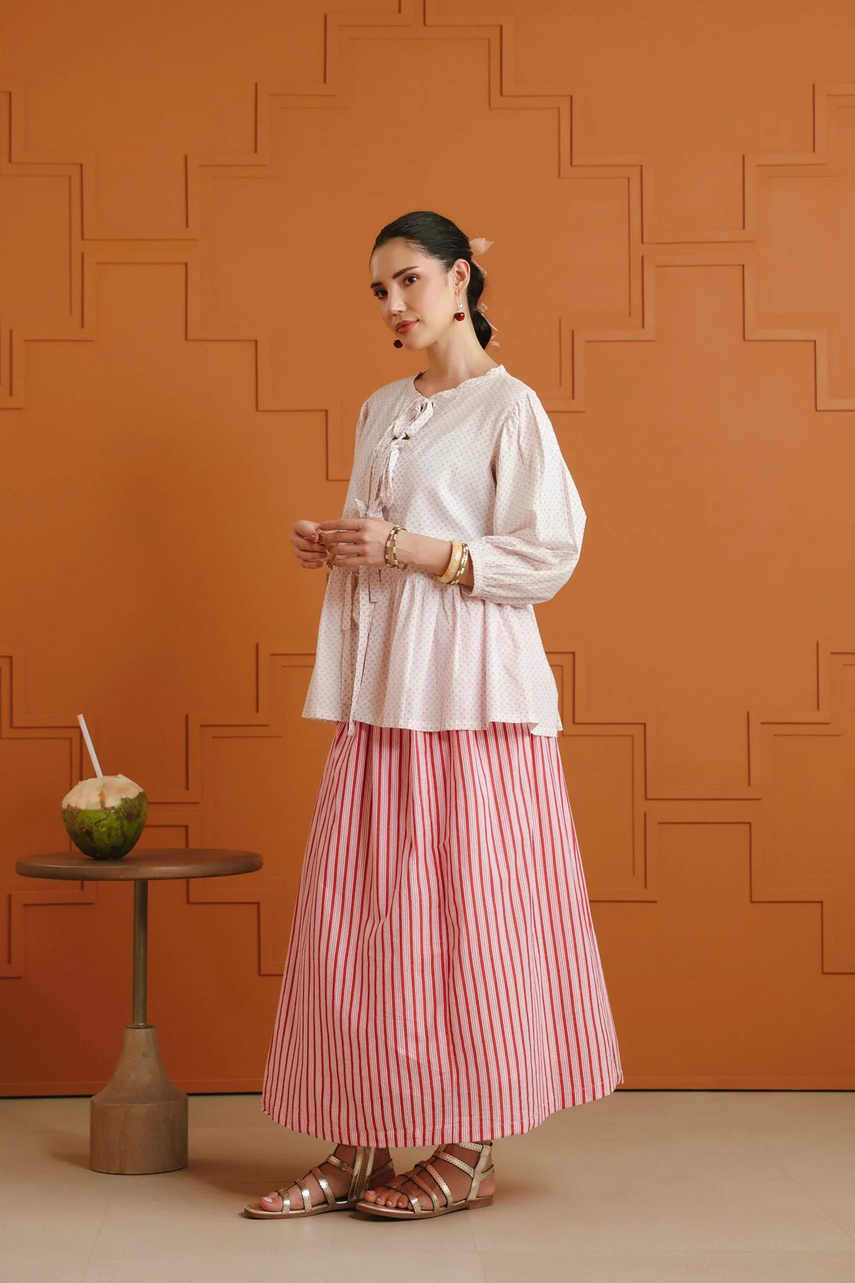 White Printed Tie-Up Cotton Top & Striped Skirt Set