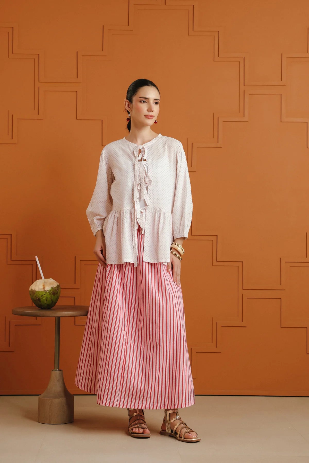 White Printed Tie-Up Cotton Top & Striped Skirt Set