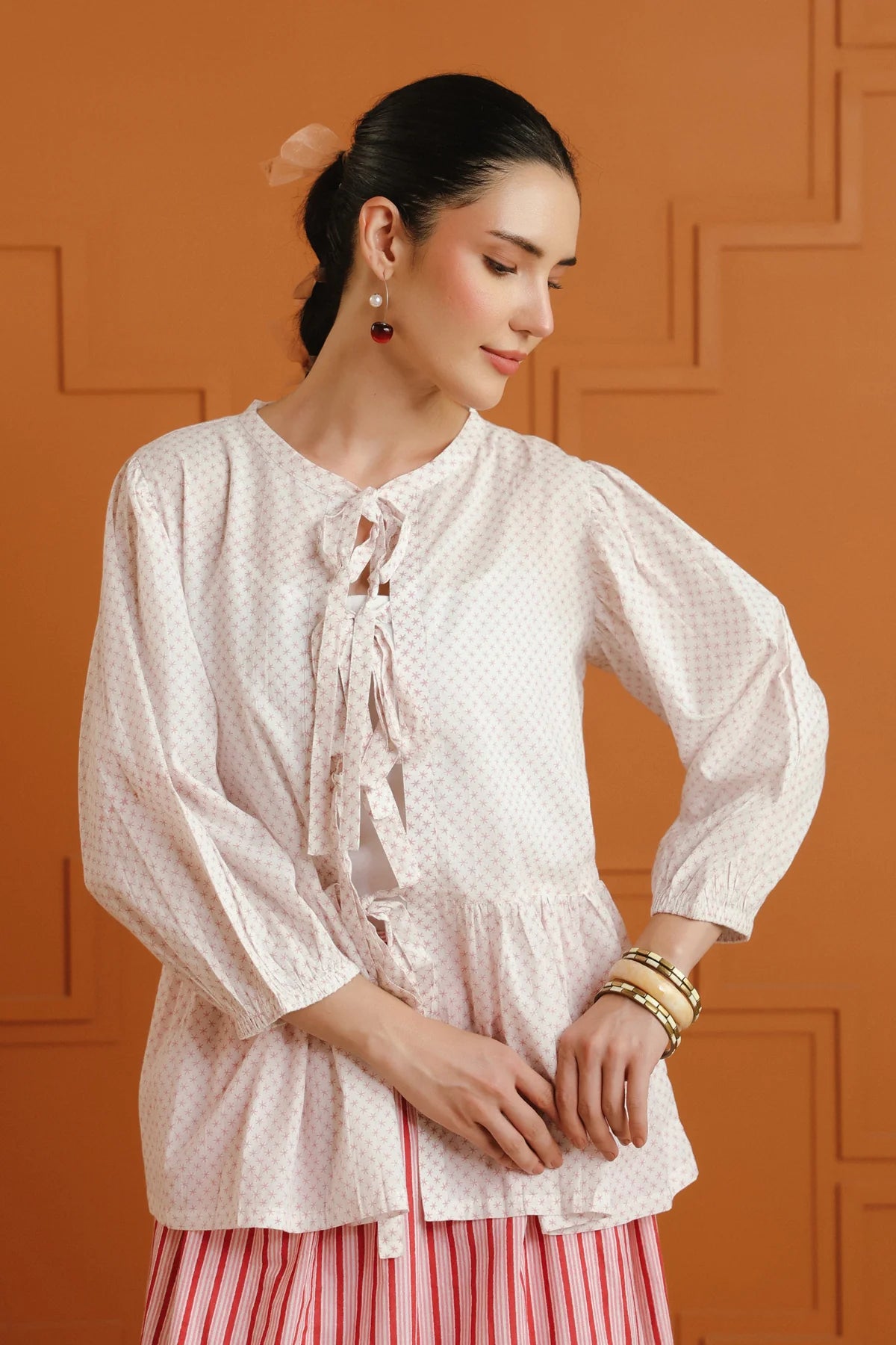 White Printed Tie-Up Cotton Top & Striped Skirt Set
