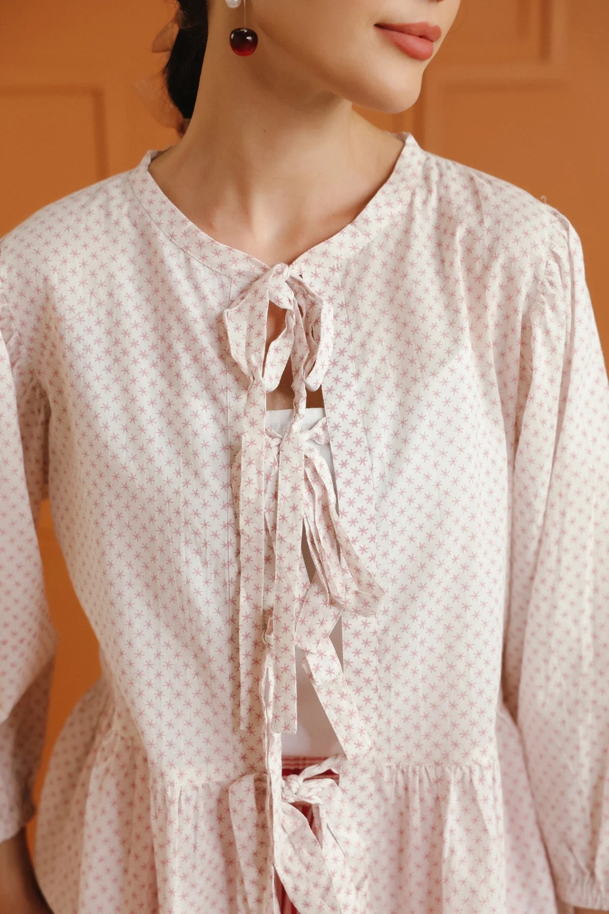 White Printed Tie-Up Cotton Top & Striped Skirt Set