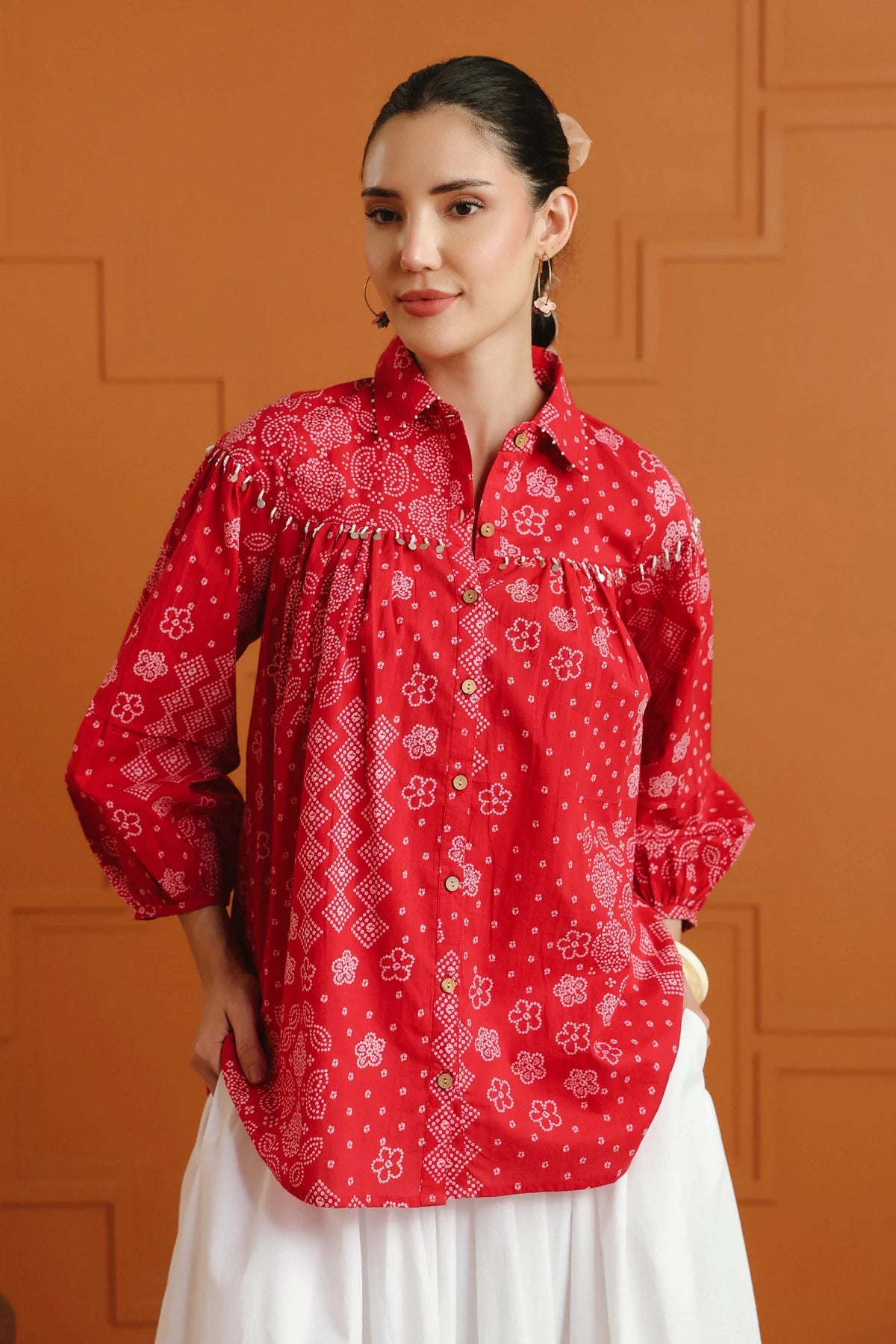Light Pink Bandhej Ethnic Printed Cotton Shirt With Embellished Yoke