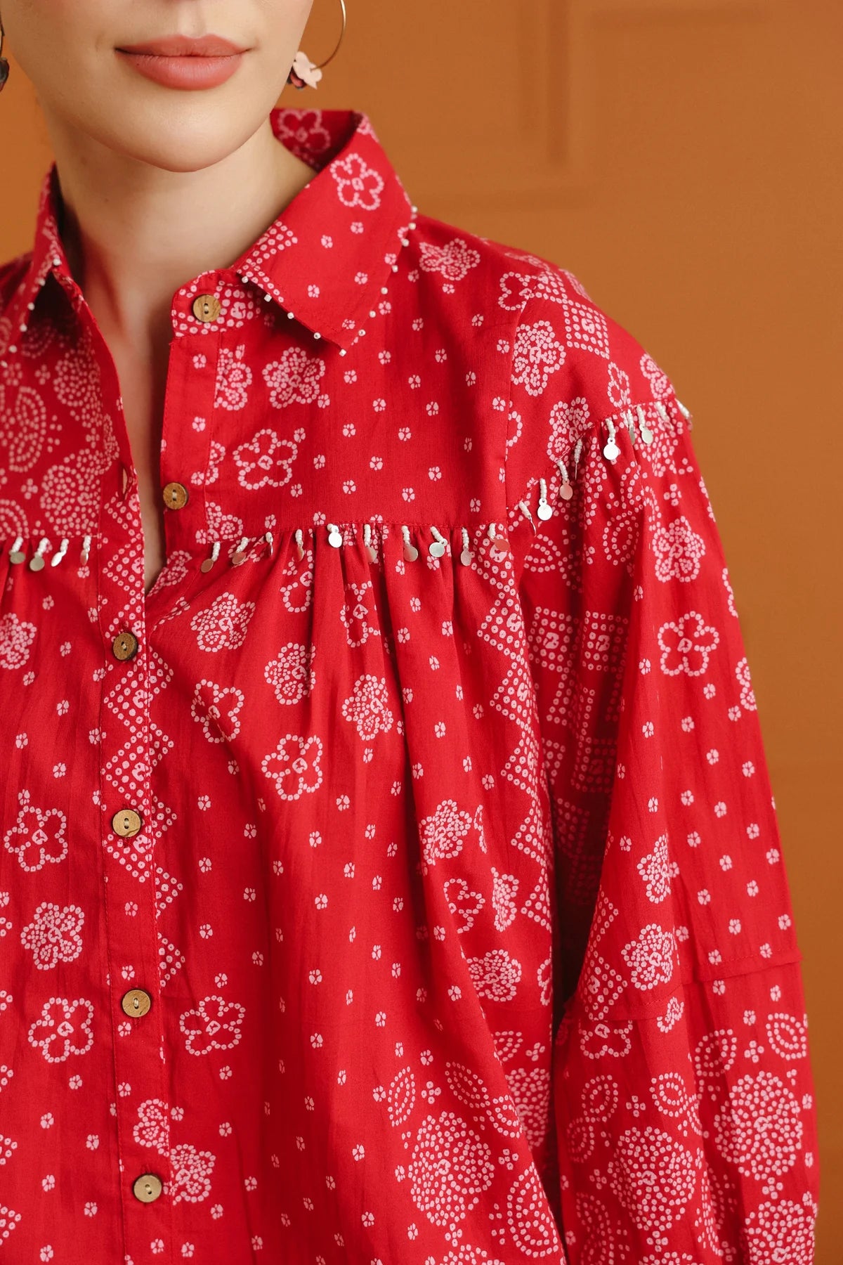 Light Pink Bandhej Ethnic Printed Cotton Shirt With Embellished Yoke
