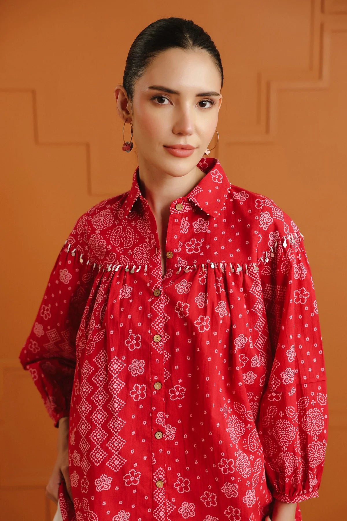 Light Pink Bandhej Ethnic Printed Cotton Shirt With Embellished Yoke