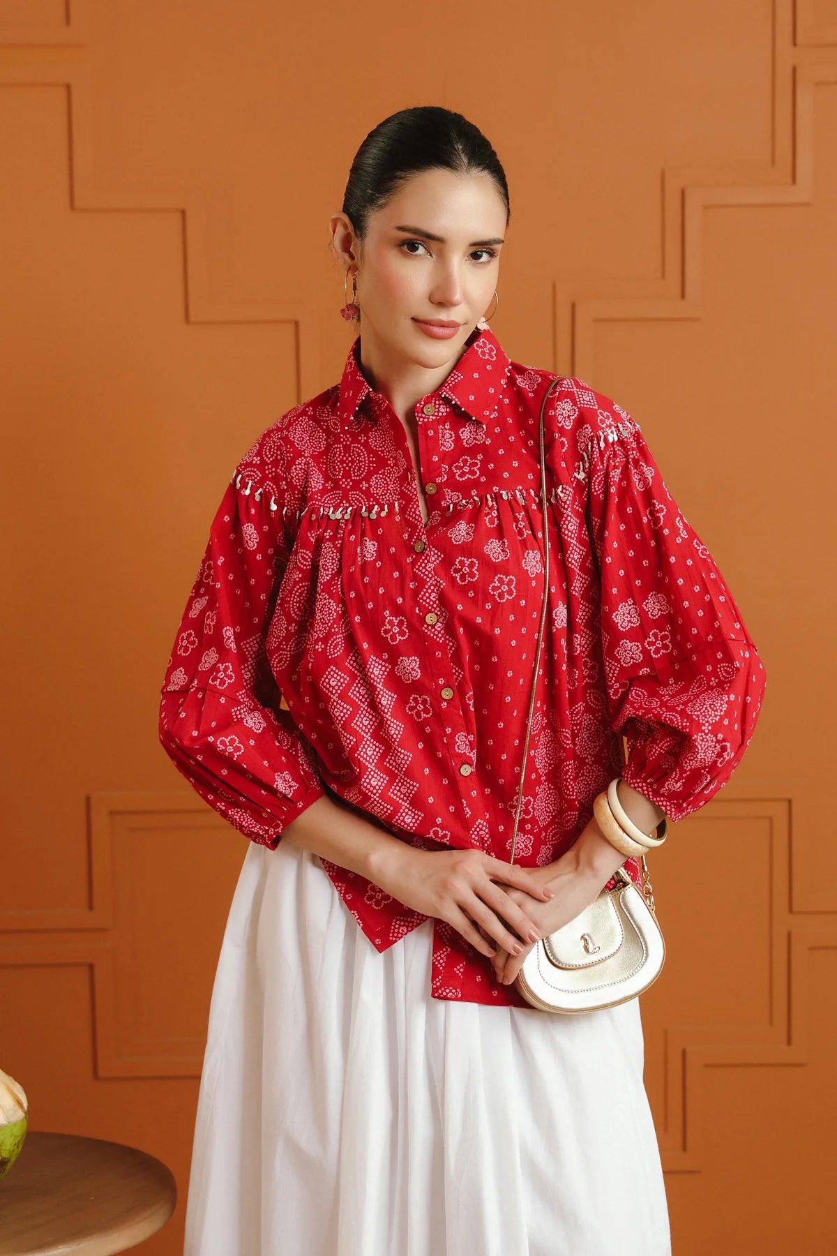 Light Pink Bandhej Ethnic Printed Cotton Shirt With Embellished Yoke
