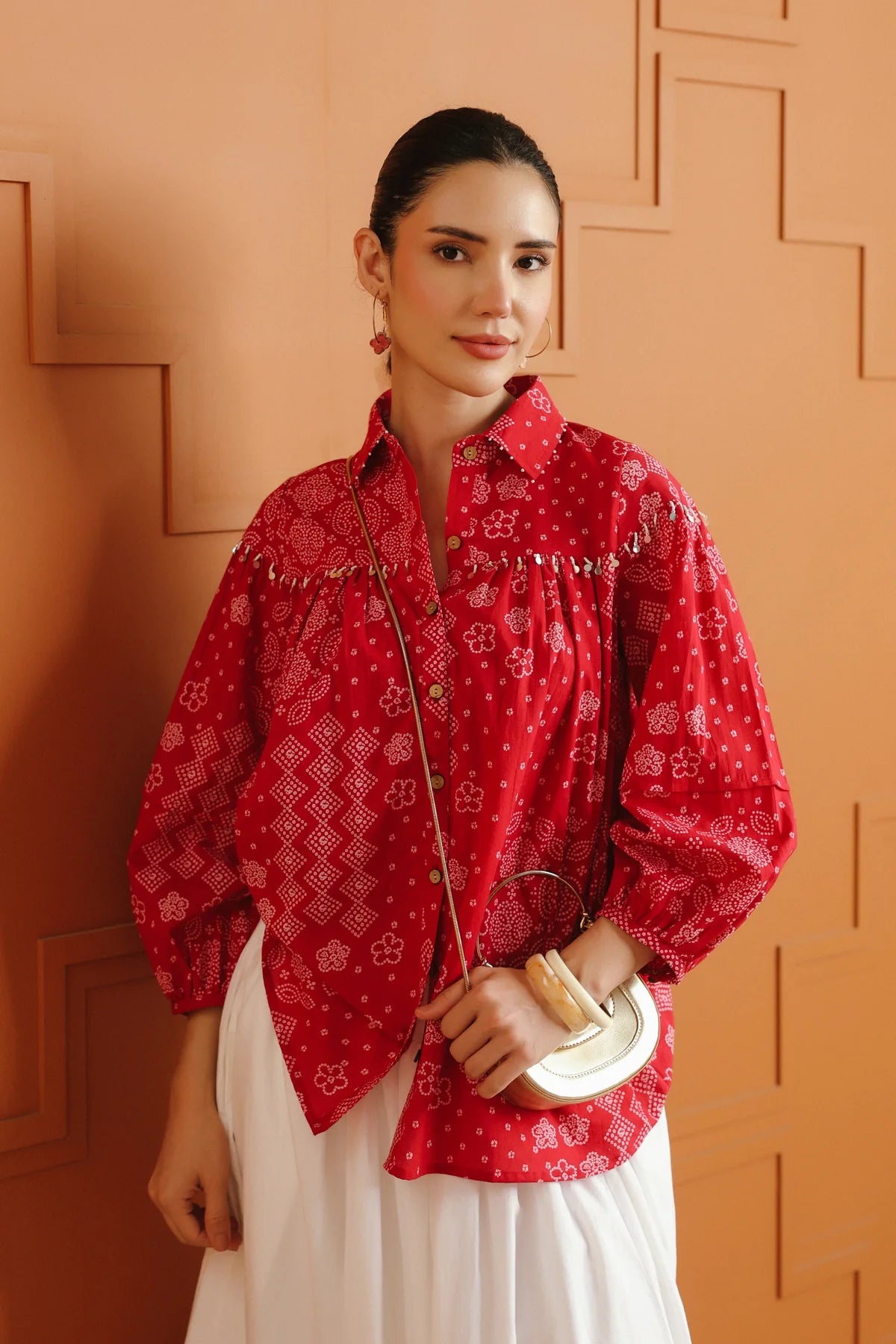 Light Pink Bandhej Ethnic Printed Cotton Shirt With Embellished Yoke