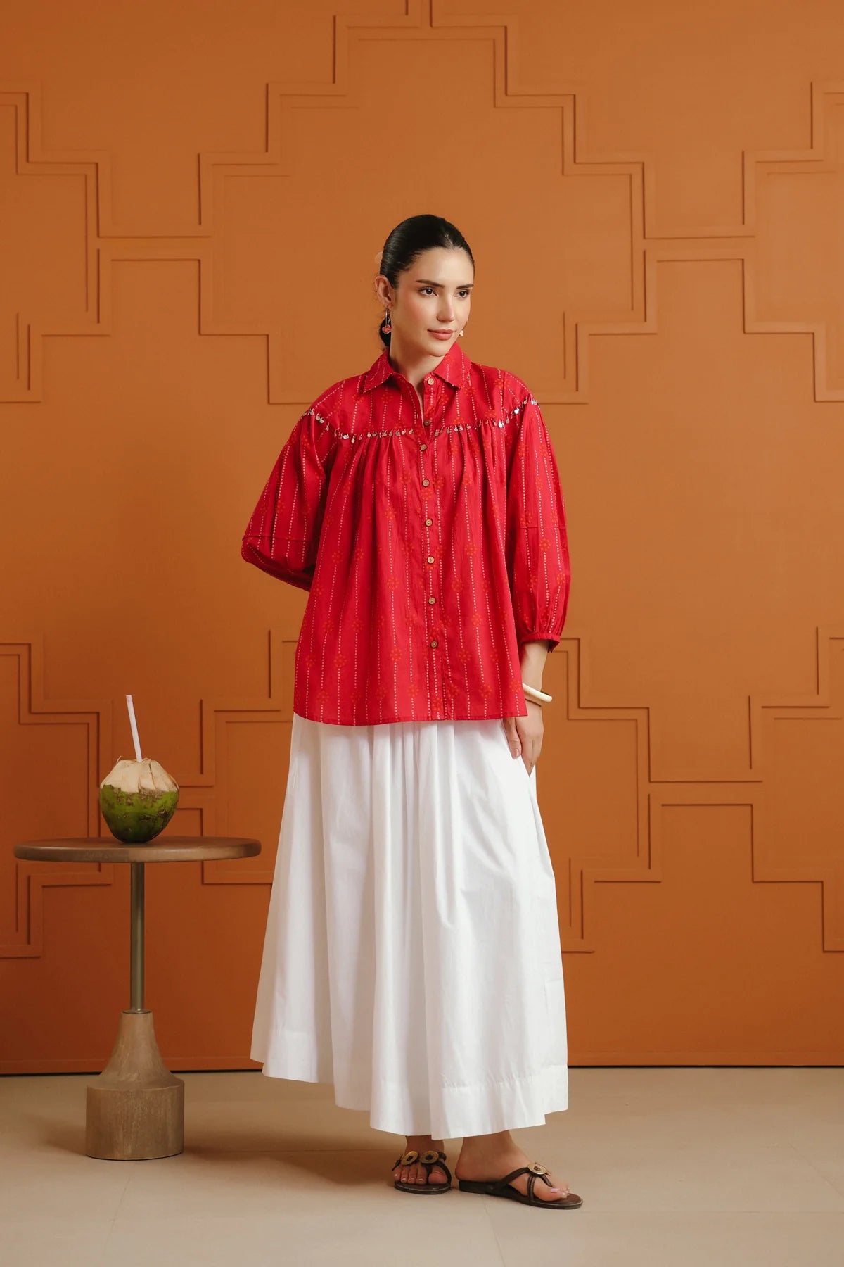 Pink & Orange Bandhej Ethnic Printed Cotton Shirt With Embellished Yoke