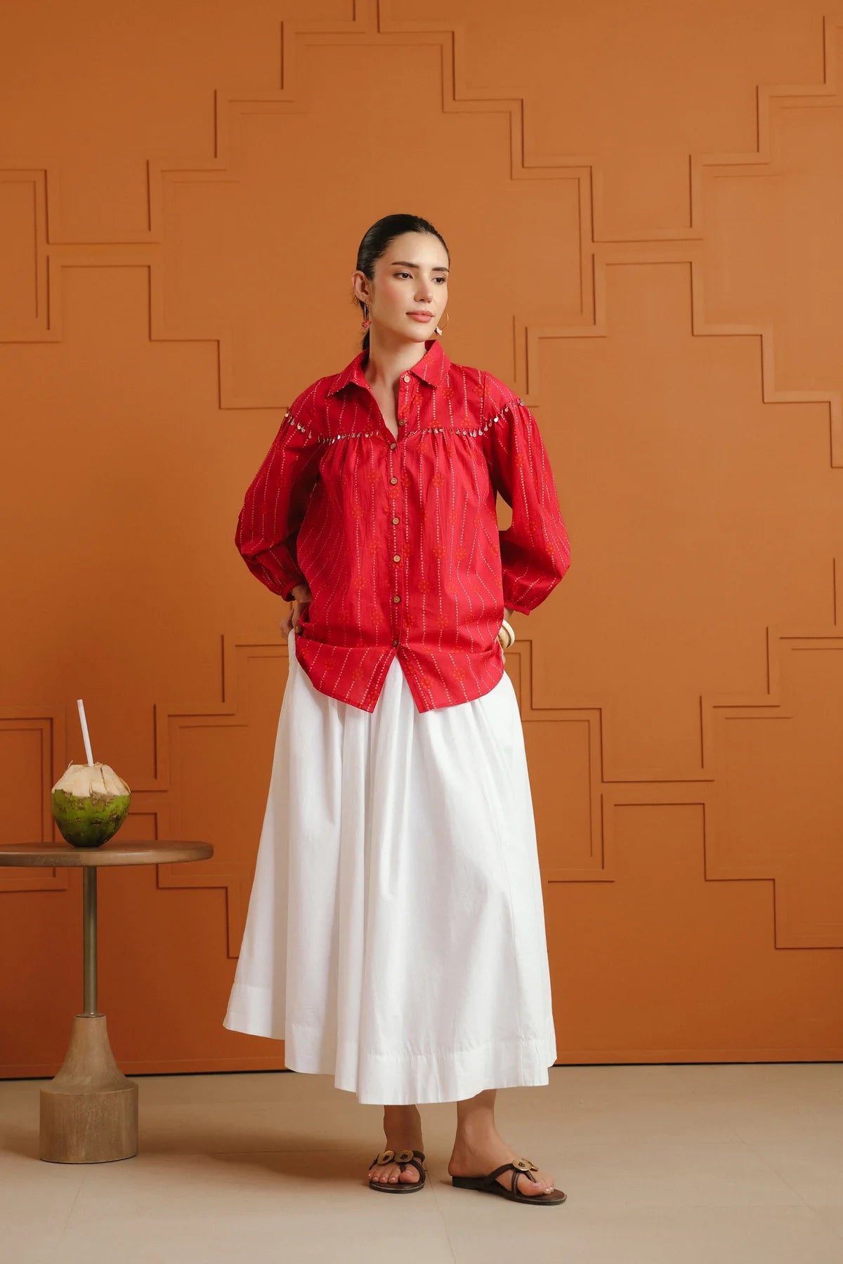 Pink & Orange Bandhej Ethnic Printed Cotton Shirt With Embellished Yoke