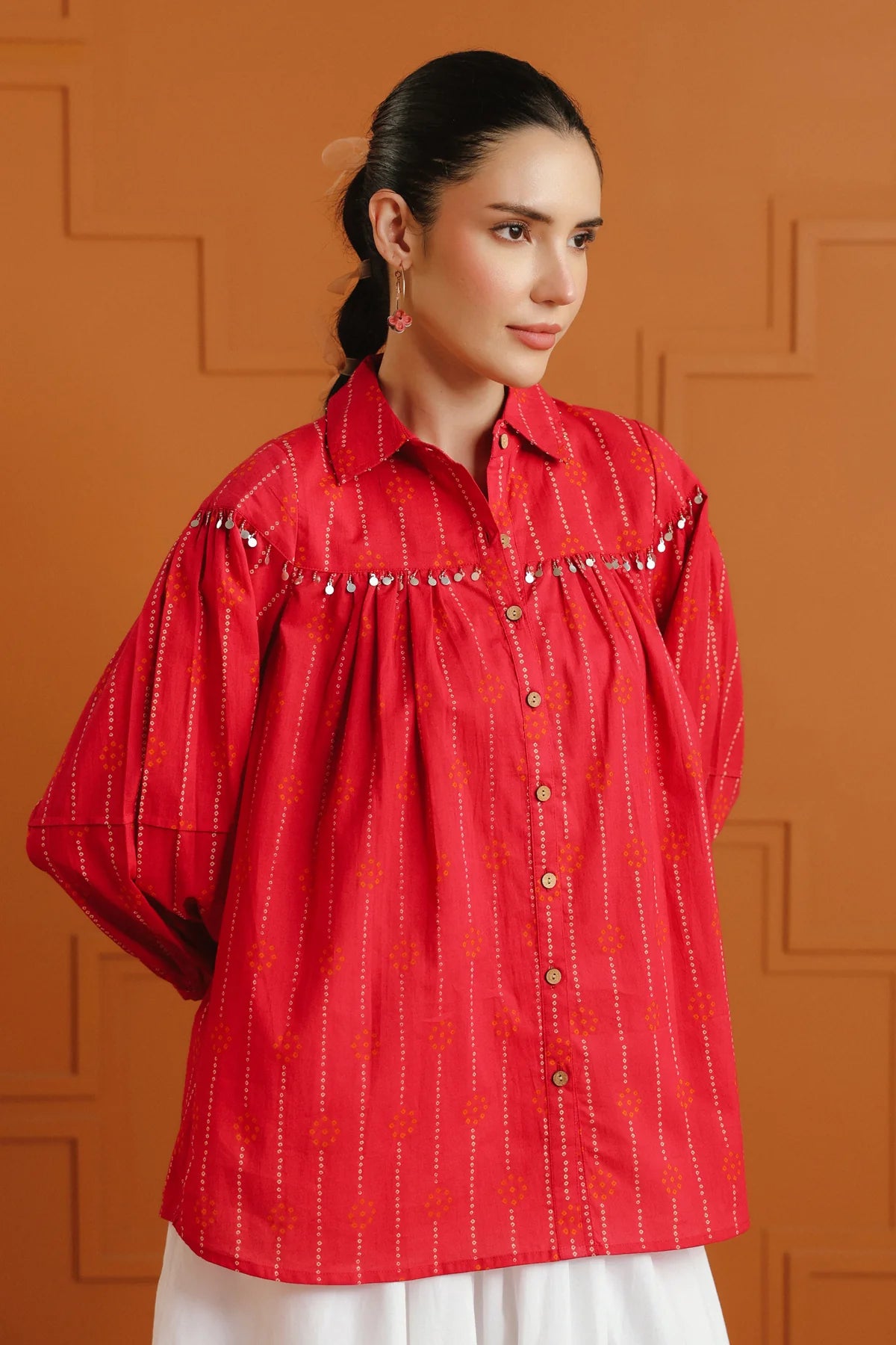 Pink & Orange Bandhej Ethnic Printed Cotton Shirt With Embellished Yoke