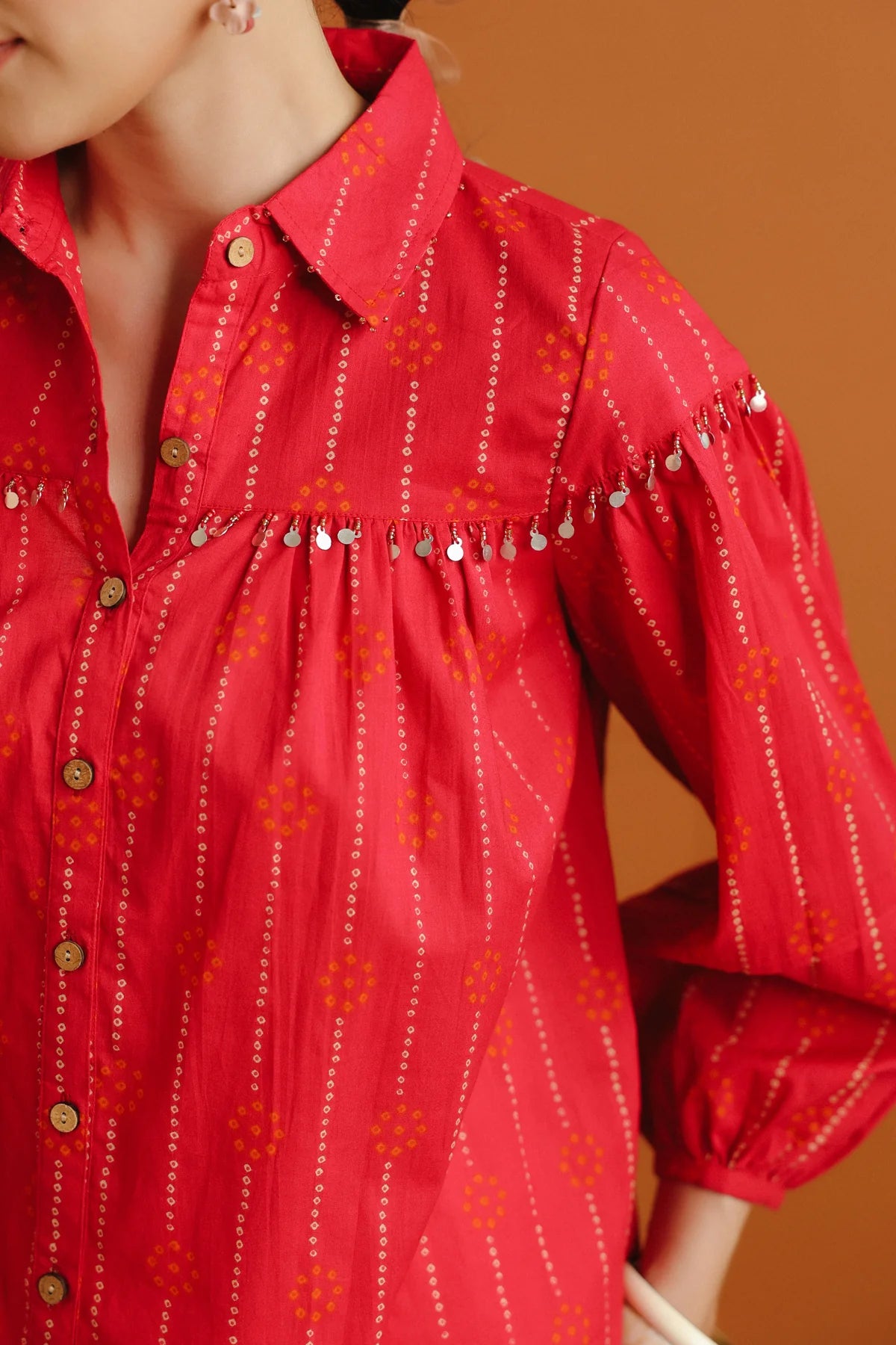 Pink & Orange Bandhej Ethnic Printed Cotton Shirt With Embellished Yoke