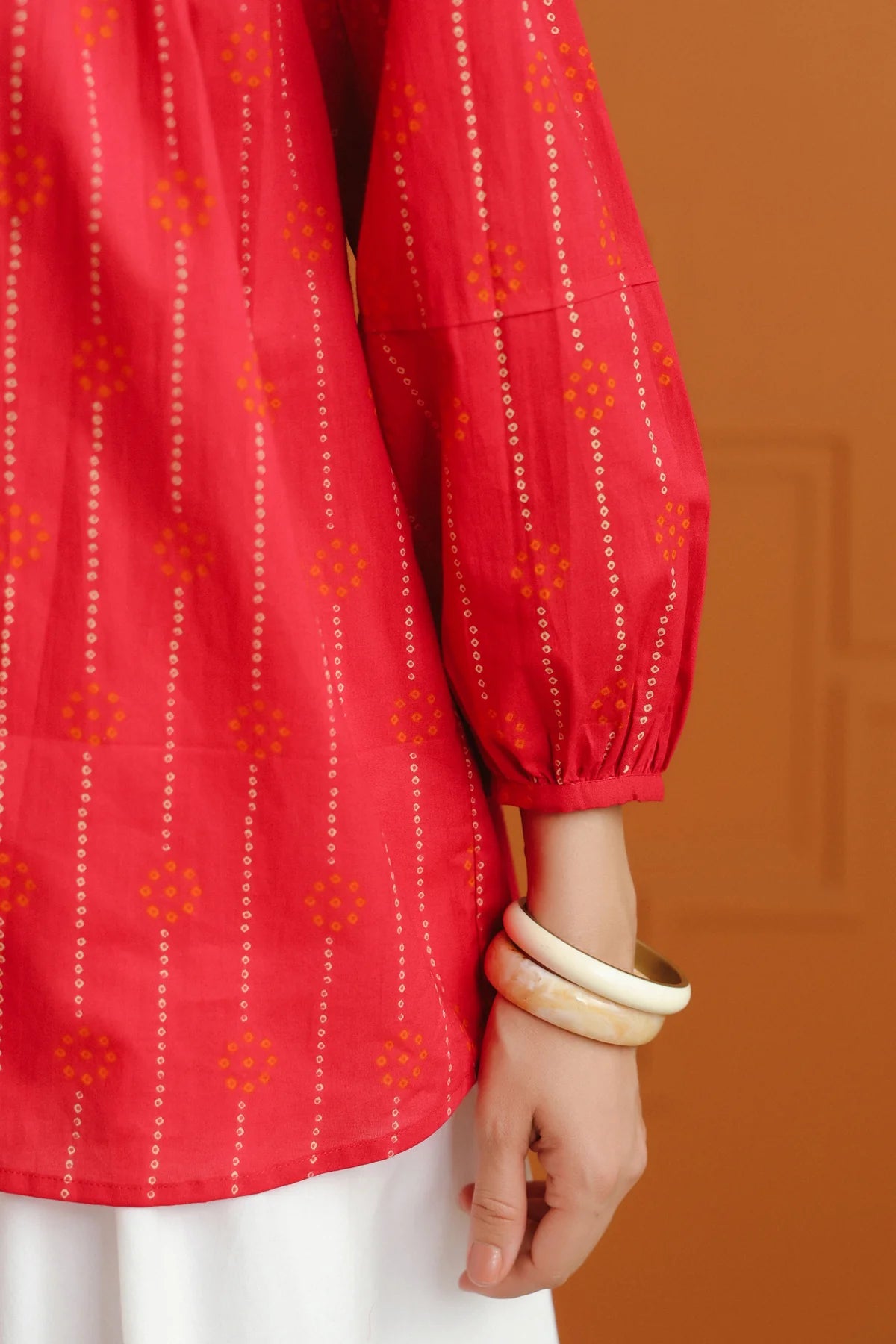 Pink & Orange Bandhej Ethnic Printed Cotton Shirt With Embellished Yoke