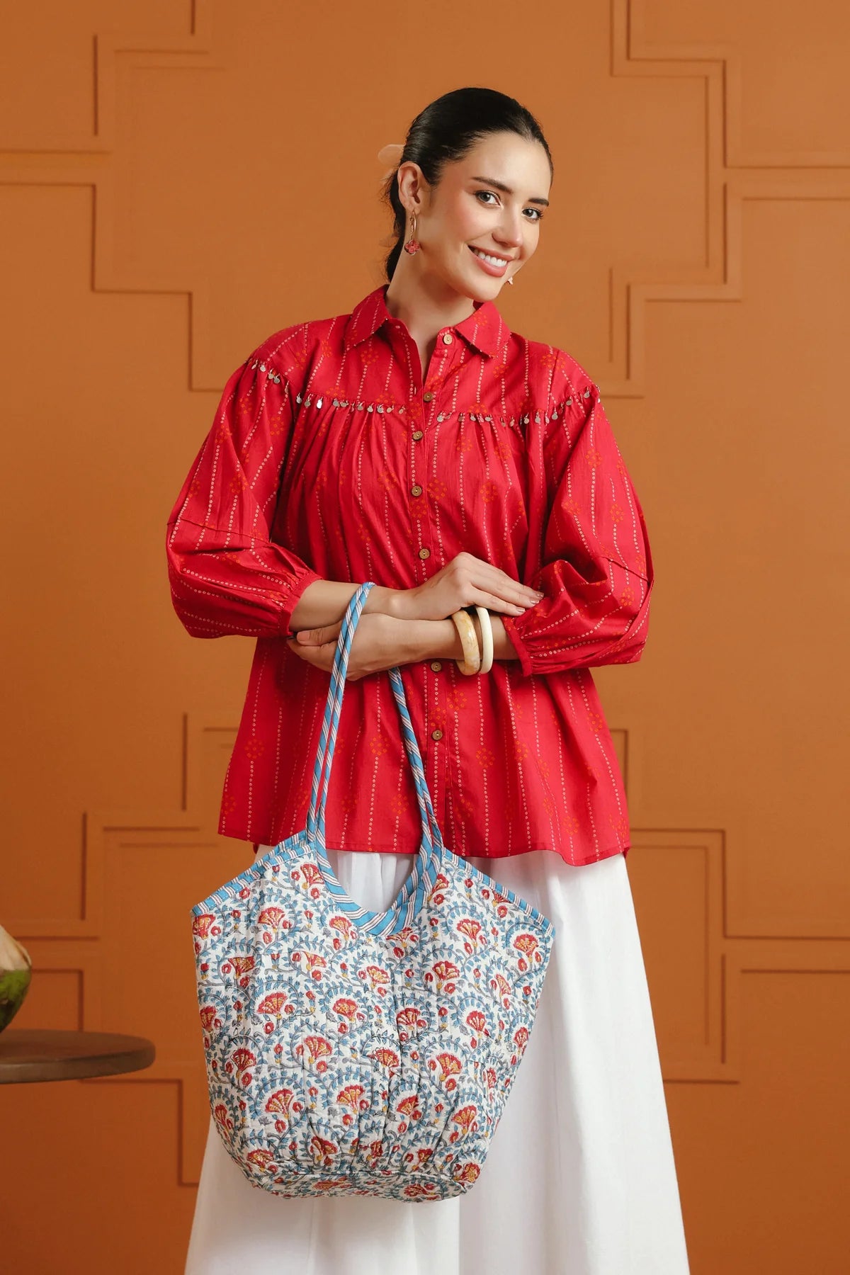 Pink & Orange Bandhej Ethnic Printed Cotton Shirt With Embellished Yoke
