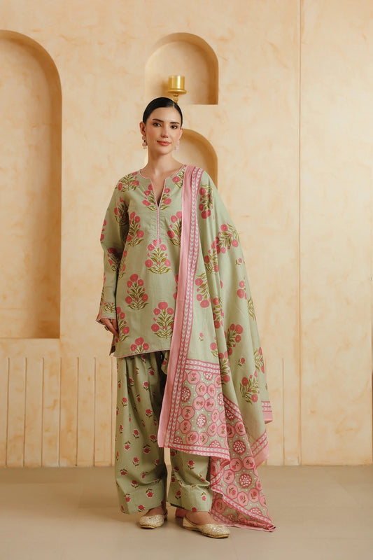 Green Printed Cotton Kurta, Farshi Salwar & Dupatta Set