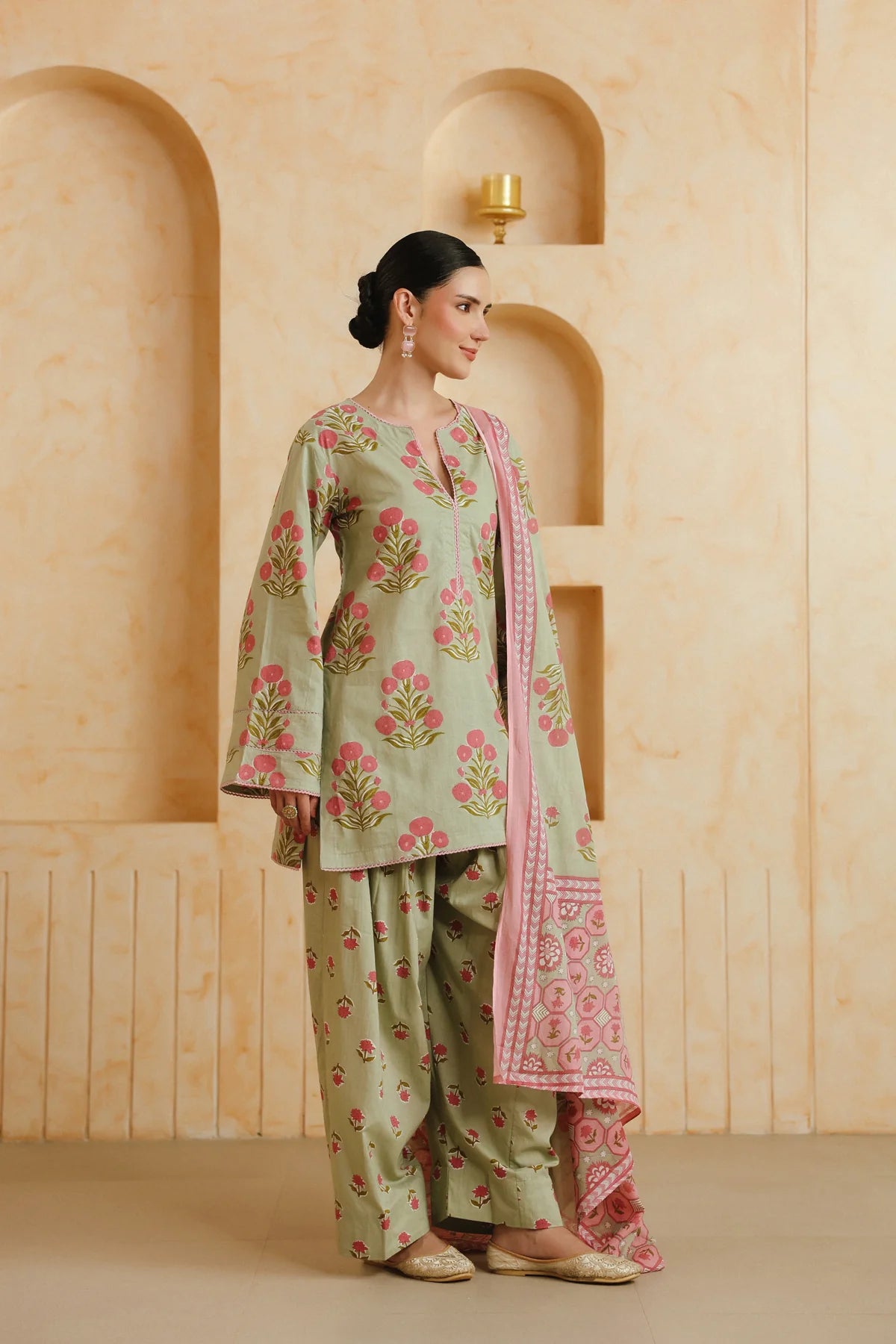 Green Printed Cotton Kurta, Farshi Salwar & Dupatta Set