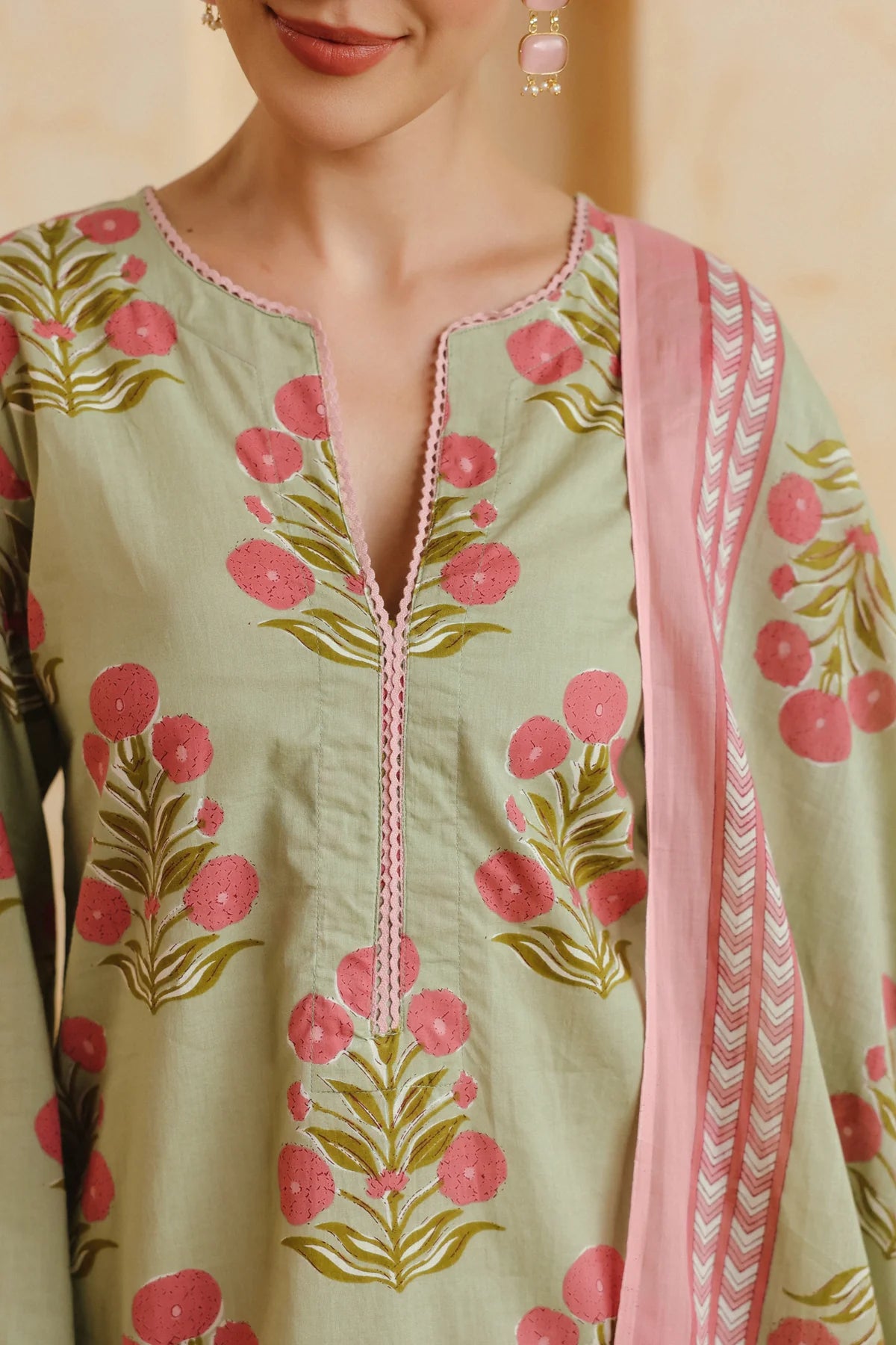Green Printed Cotton Kurta, Farshi Salwar & Dupatta Set