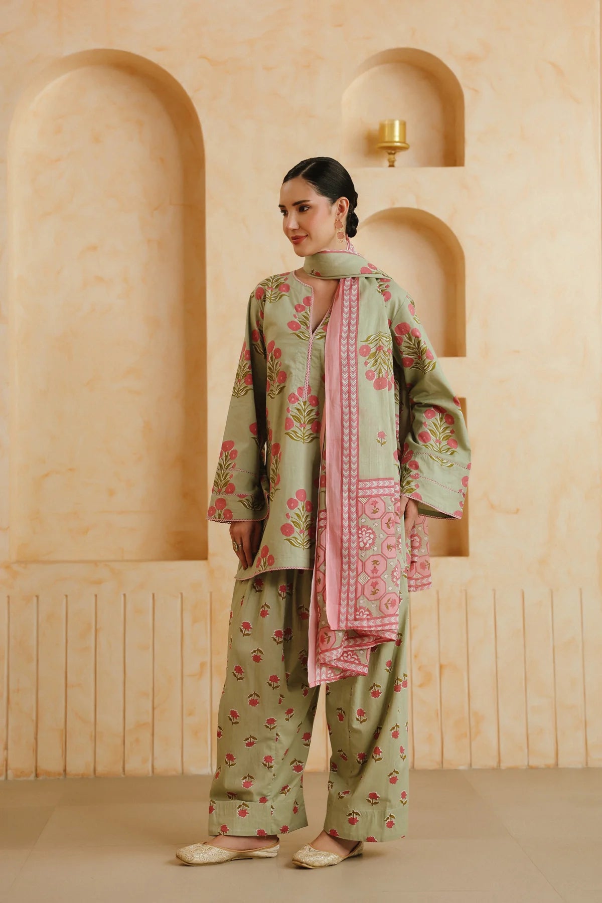 Green Printed Cotton Kurta, Farshi Salwar & Dupatta Set