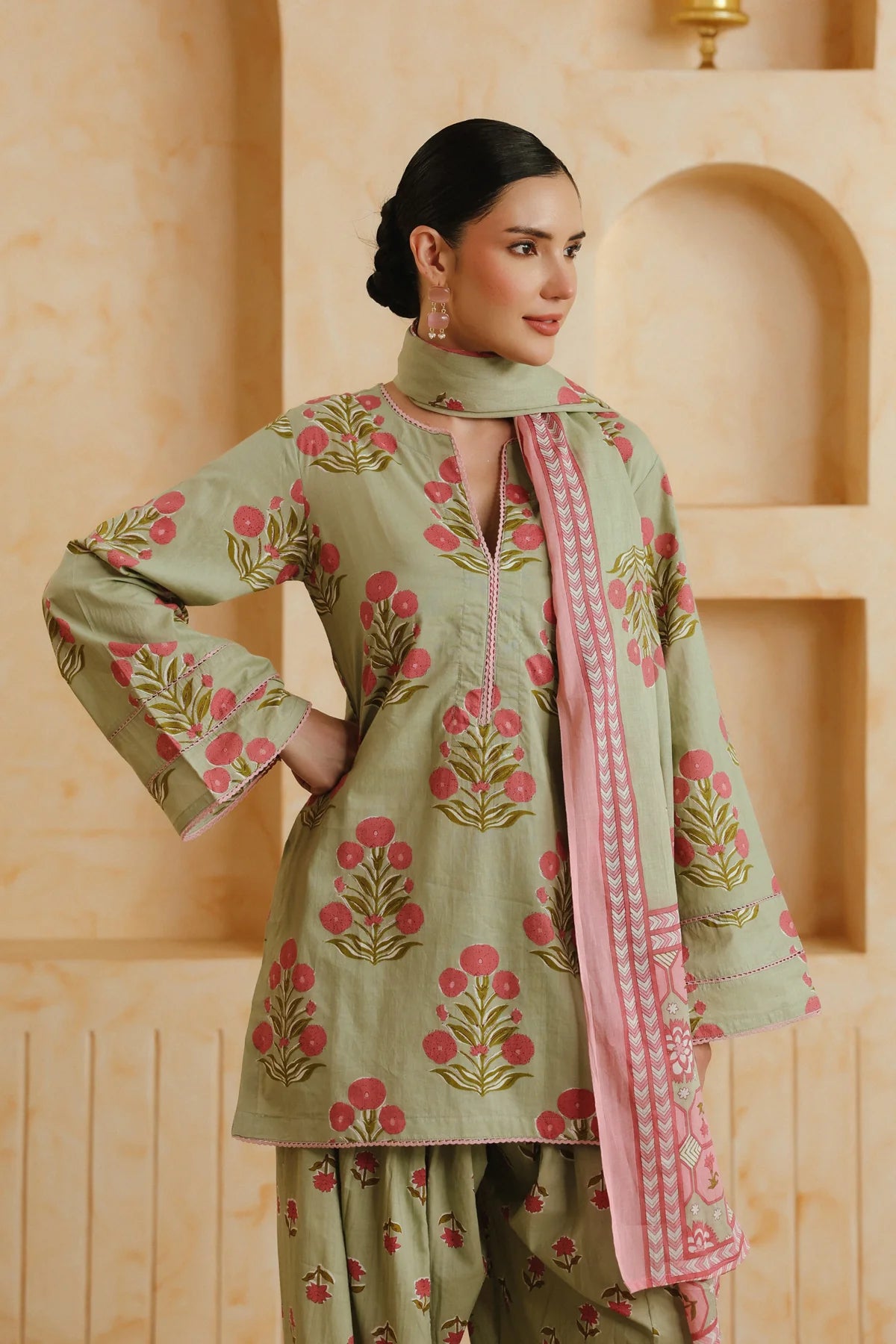 Green Printed Cotton Kurta, Farshi Salwar & Dupatta Set