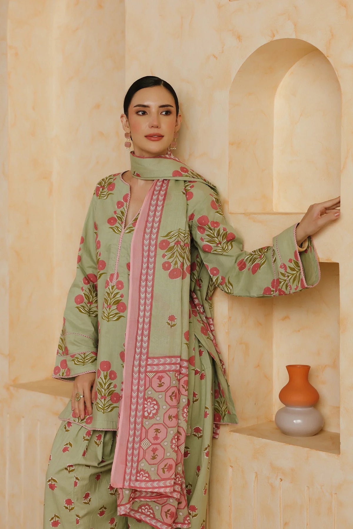 Green Printed Cotton Kurta, Farshi Salwar & Dupatta Set