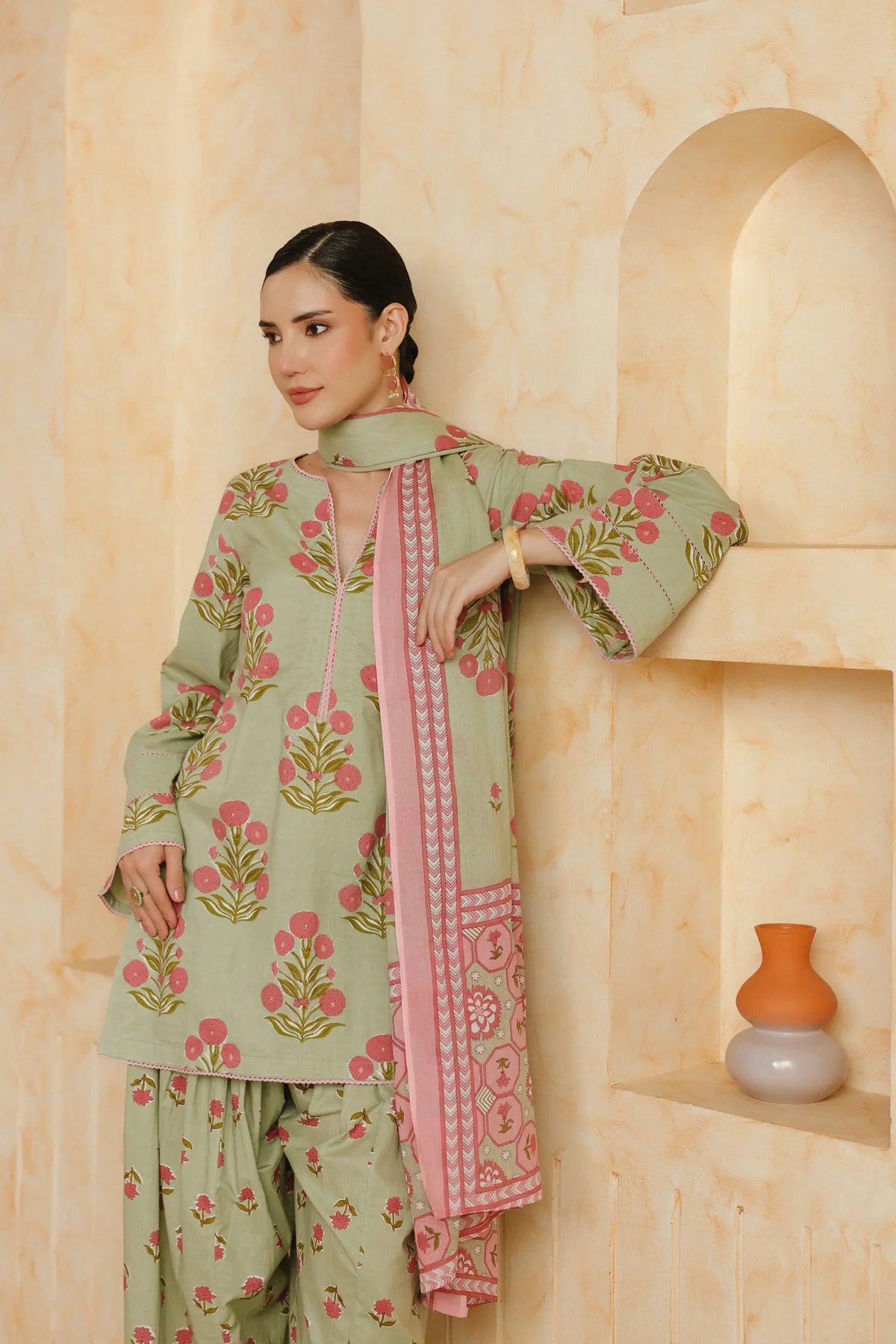 Green Printed Cotton Kurta, Farshi Salwar & Dupatta Set
