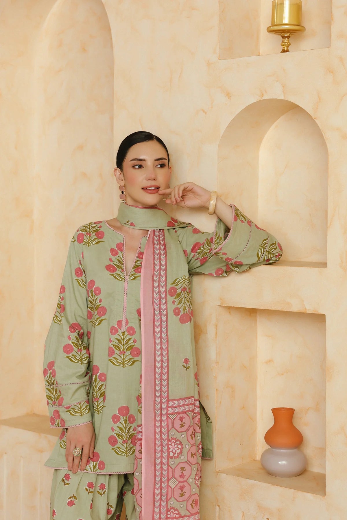 Green Printed Cotton Kurta, Farshi Salwar & Dupatta Set