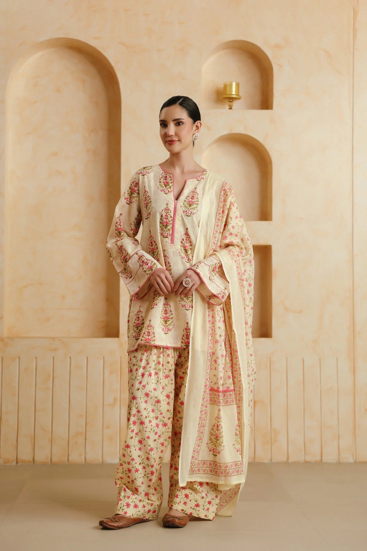 Cream Printed Cotton Kurta, Farshi Salwar & Dupatta Set