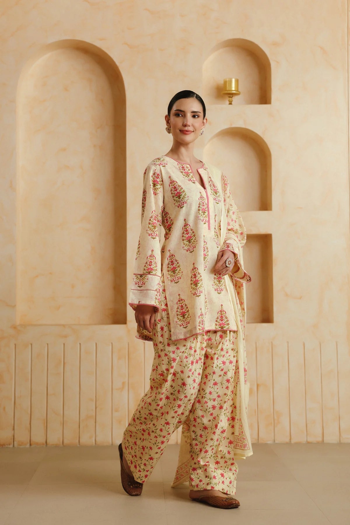 Cream Printed Cotton Kurta, Farshi Salwar & Dupatta Set