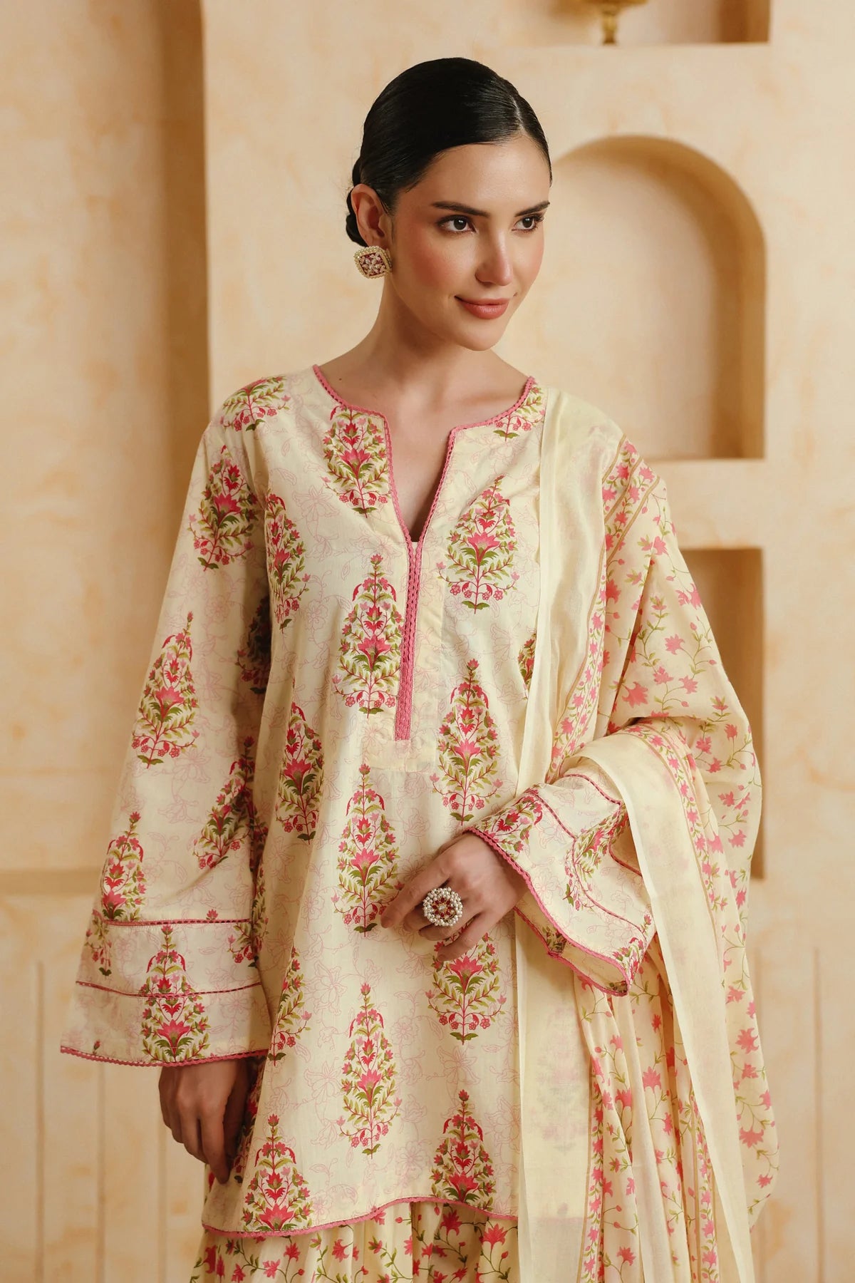 Cream Printed Cotton Kurta, Farshi Salwar & Dupatta Set