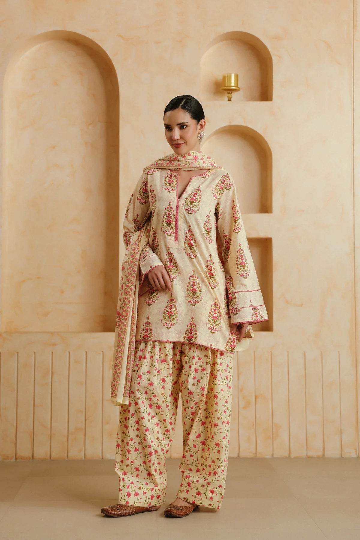 Cream Printed Cotton Kurta, Farshi Salwar & Dupatta Set