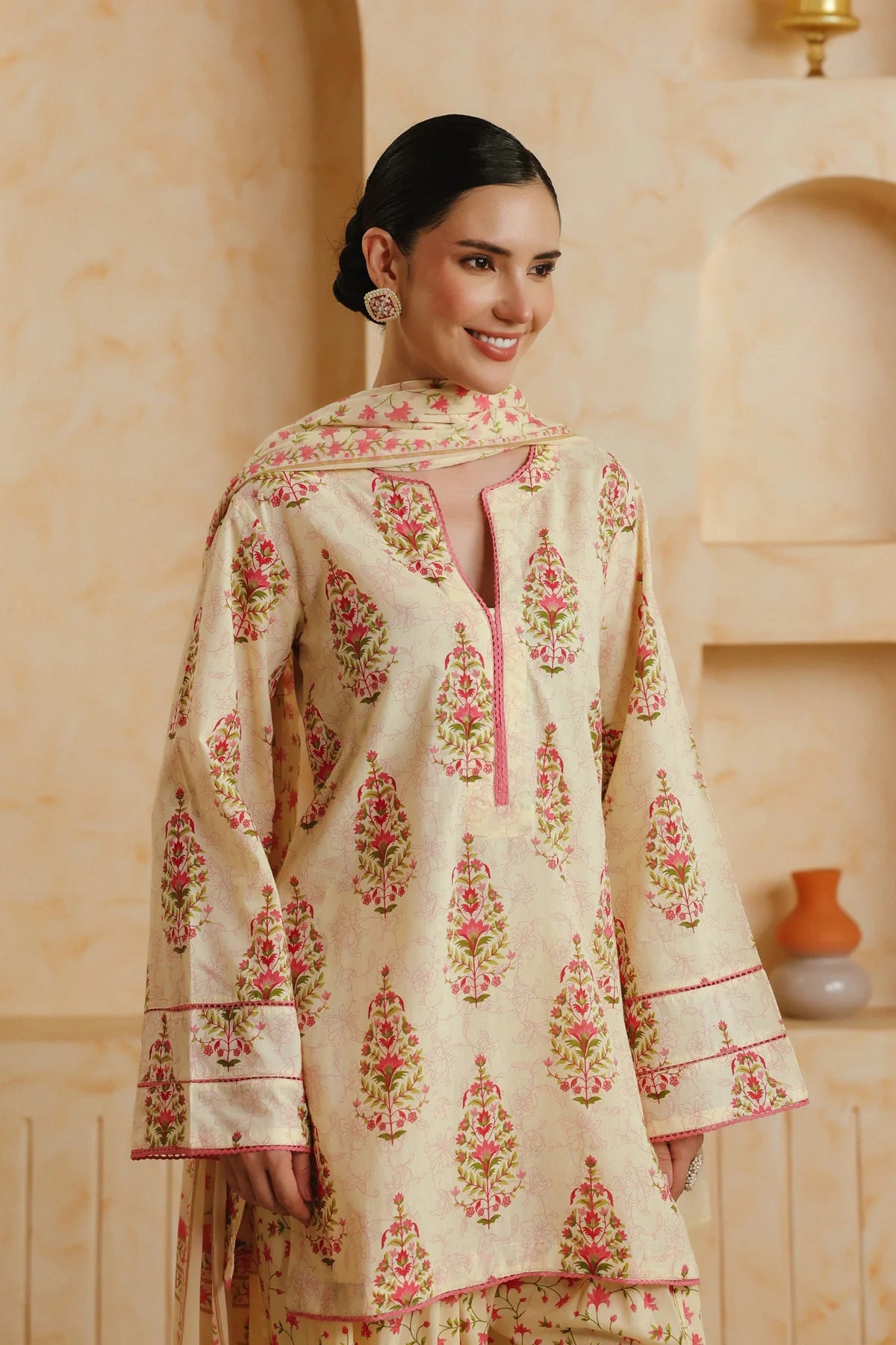 Cream Printed Cotton Kurta, Farshi Salwar & Dupatta Set