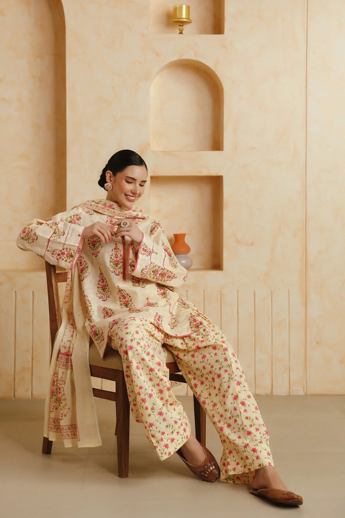 Cream Printed Cotton Kurta, Farshi Salwar & Dupatta Set