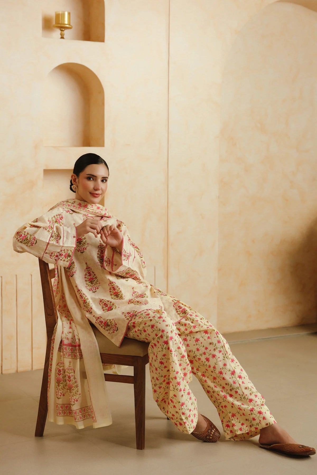 Cream Printed Cotton Kurta, Farshi Salwar & Dupatta Set