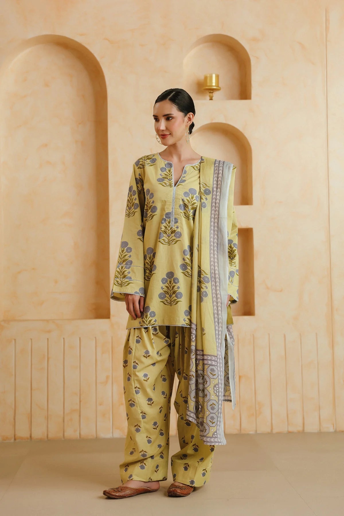Yellow Printed Cotton Kurta, Farshi Salwar & Dupatta Set