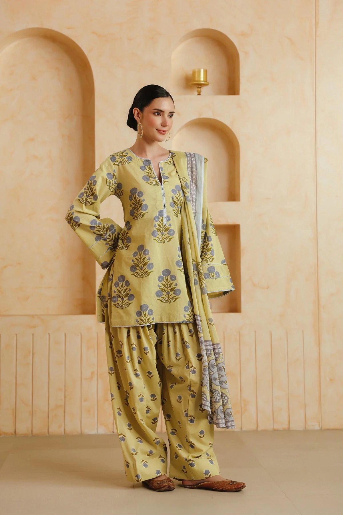 Yellow Printed Cotton Kurta, Farshi Salwar & Dupatta Set