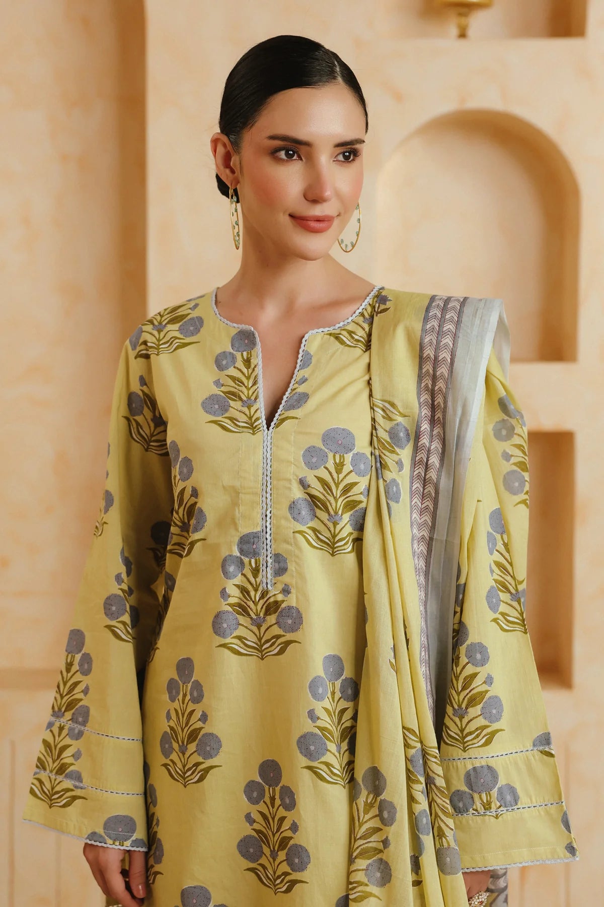 Yellow Printed Cotton Kurta, Farshi Salwar & Dupatta Set