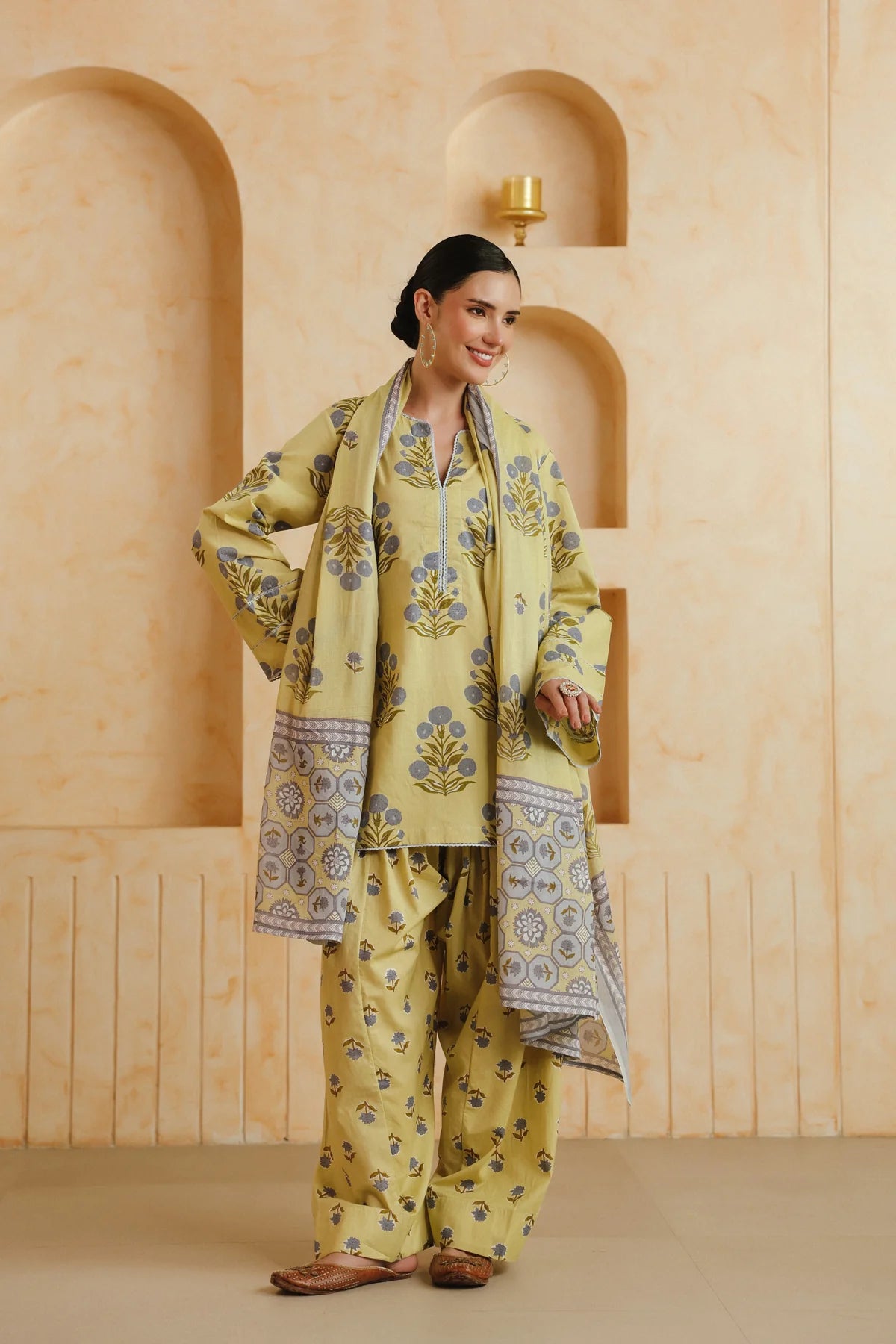 Yellow Printed Cotton Kurta, Farshi Salwar & Dupatta Set