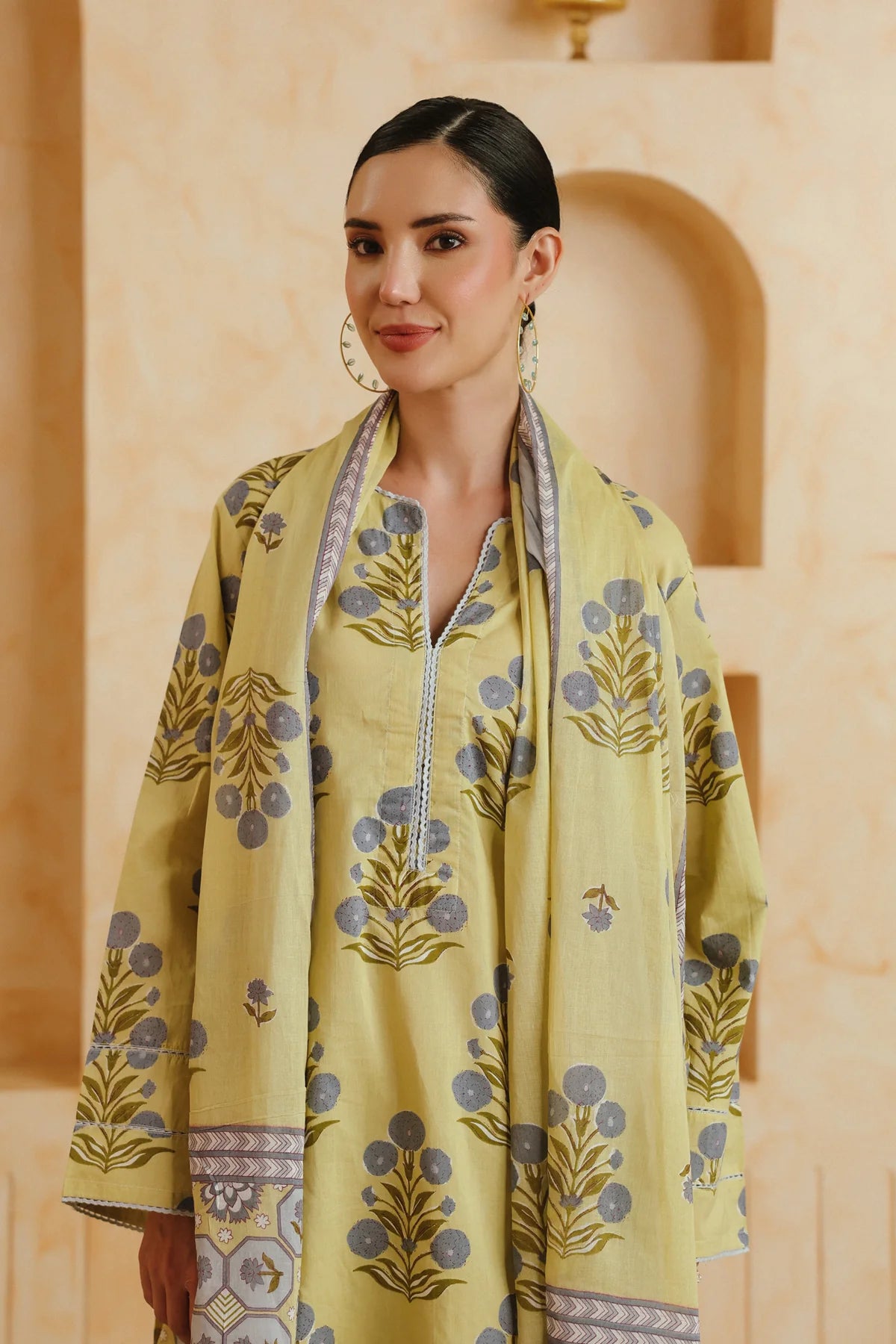 Yellow Printed Cotton Kurta, Farshi Salwar & Dupatta Set