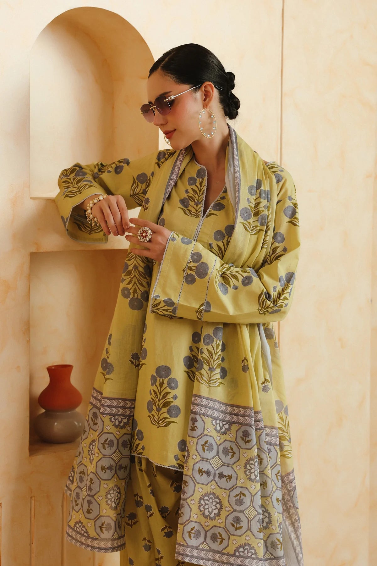Yellow Printed Cotton Kurta, Farshi Salwar & Dupatta Set