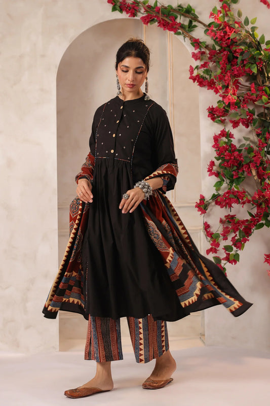 Black Piku Inspired Handcrafted Cotton Kurta Set with Dupatta
