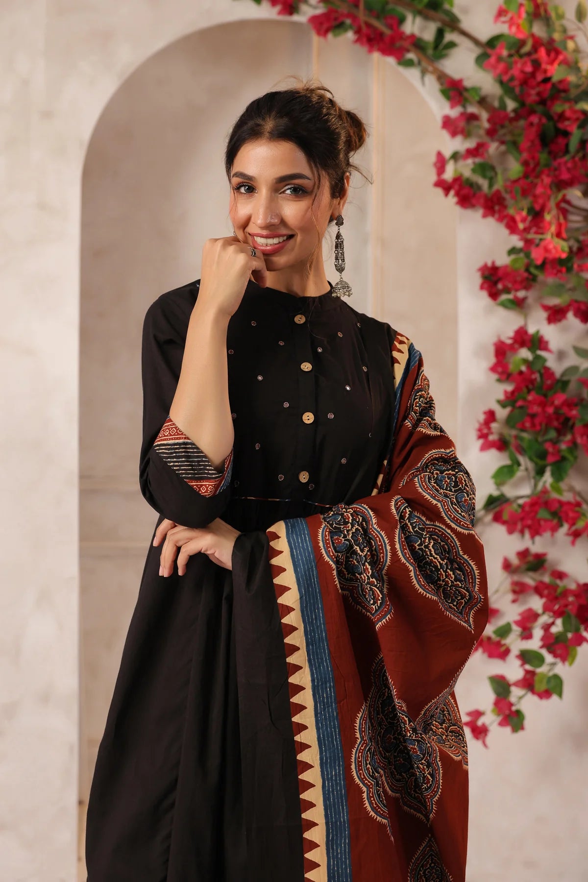 Black Piku Inspired Handcrafted Cotton Kurta Set with Dupatta