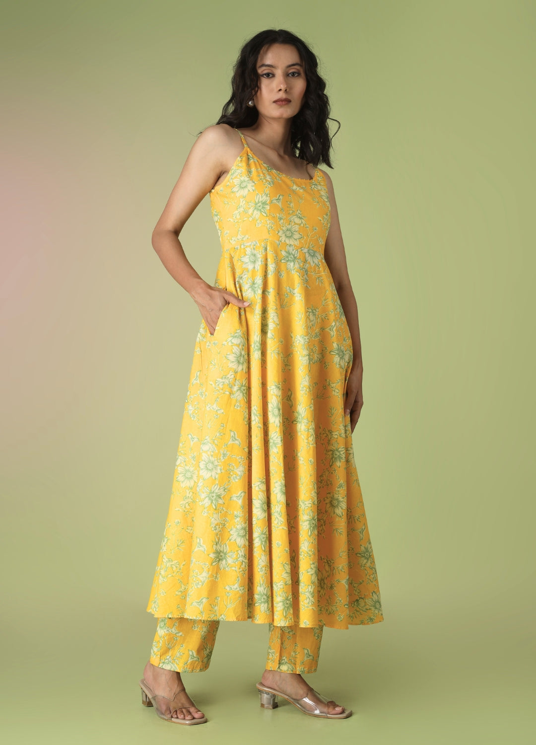 Yellow Printed Strappy Anarkali Set