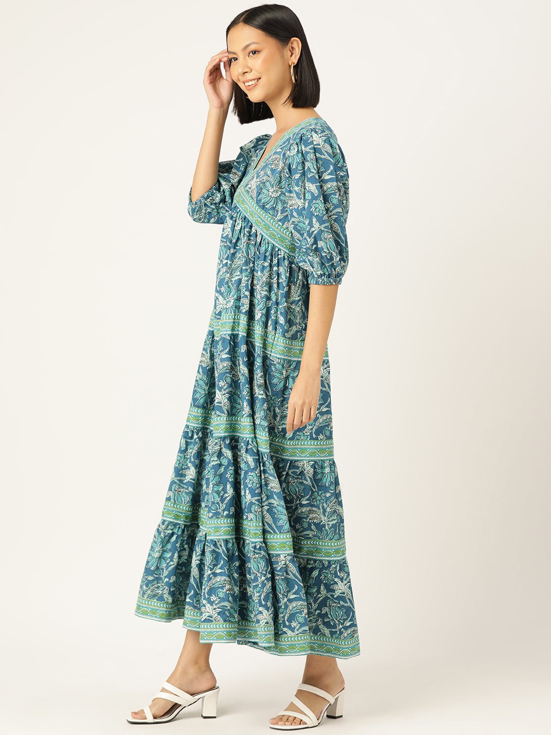Turquoise V-neck Handblock Printed Dress
