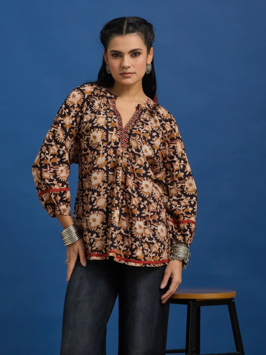 Black Floral Handblock Printed Cotton Top with Lace Detailing