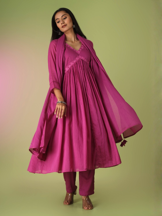 Raspberry Cross Gather Anarkali Set