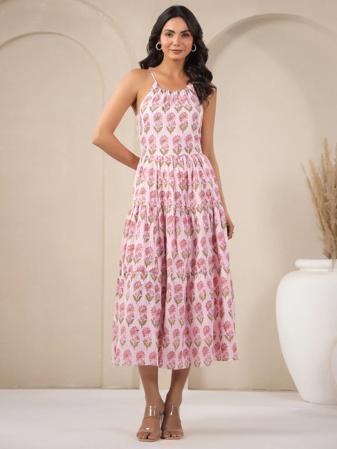 Pink Stripes Handblock Printed Cotton Maxi Dress