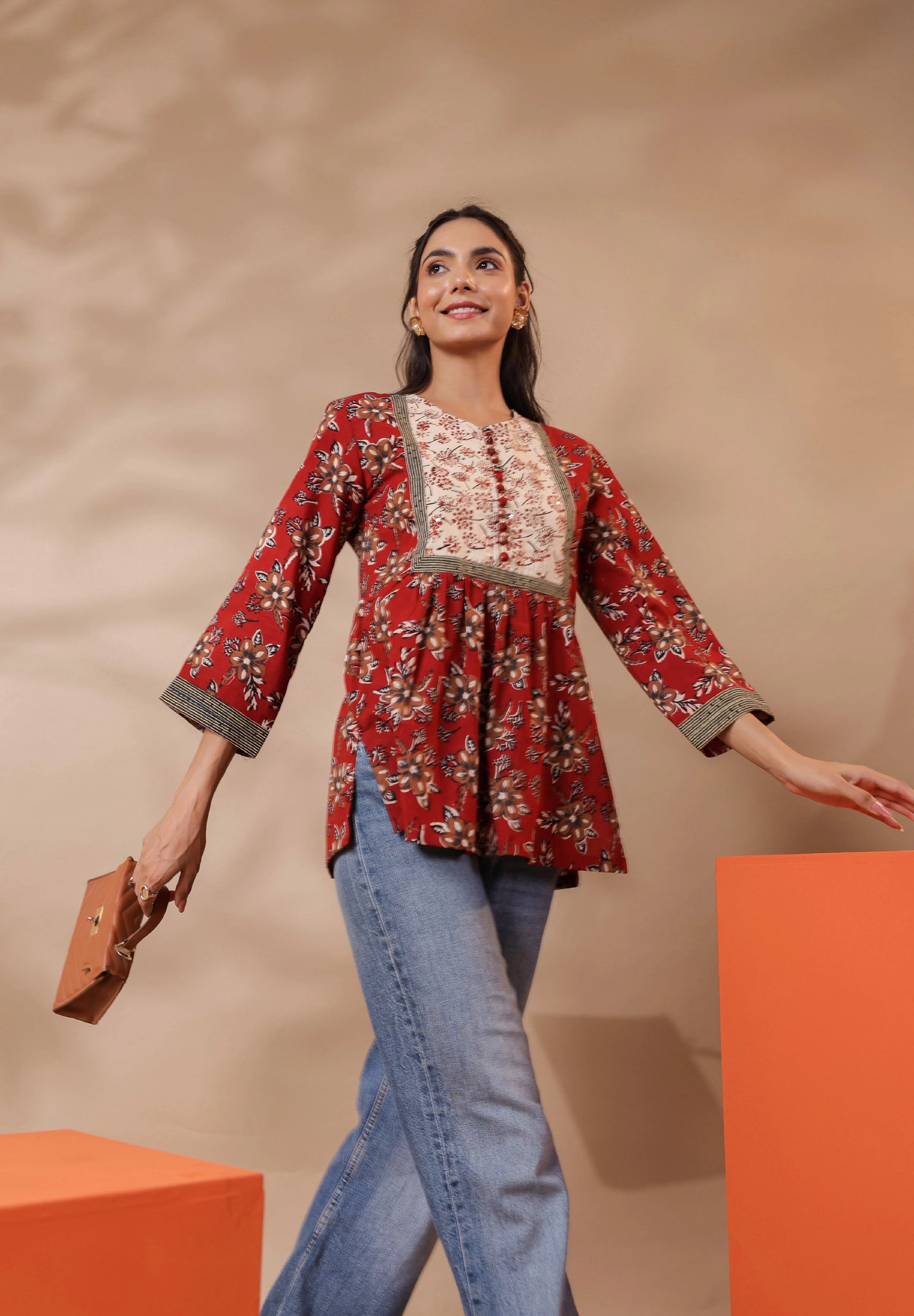 Maroon Bagru Printed Cotton Block Print A-Line Top