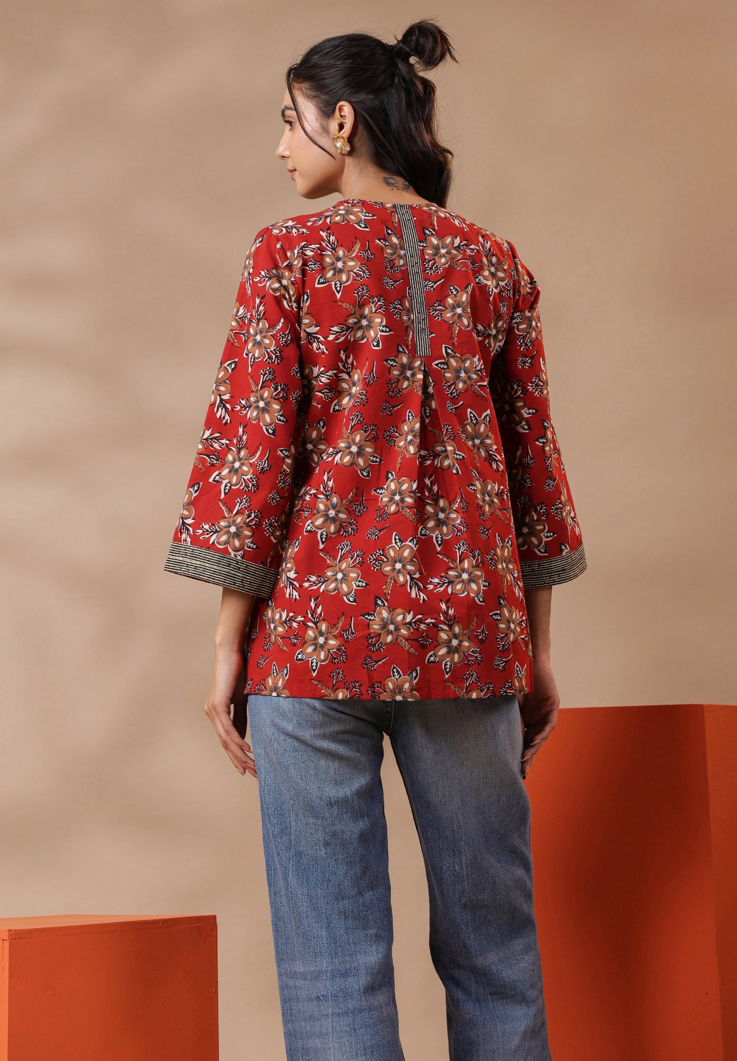 Maroon Bagru Printed Cotton Block Print A-Line Top