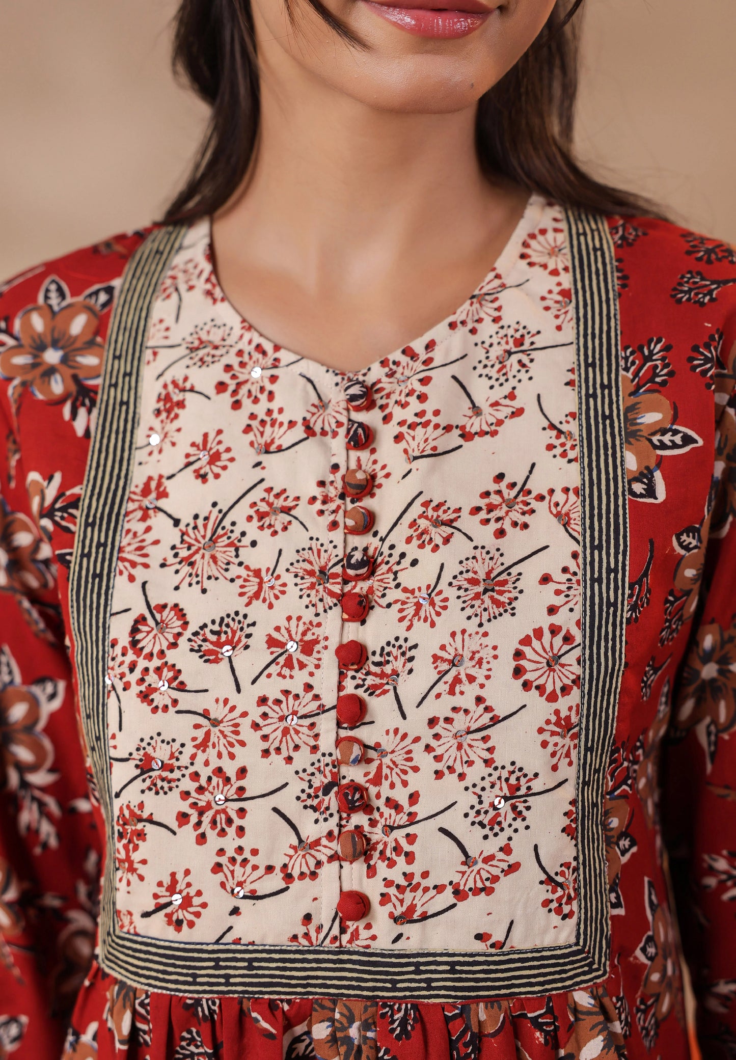 Maroon Bagru Printed Cotton Block Print A-Line Top