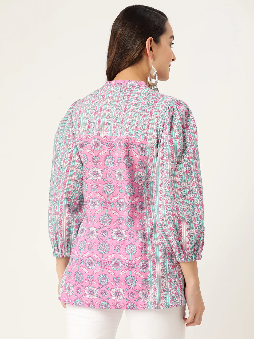 Floral Print Mandarin Collar Cotton Top