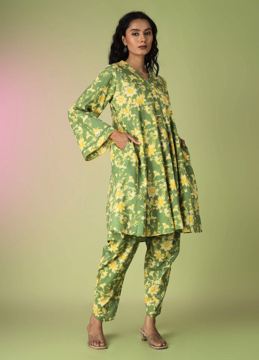 Green Printed Short Kurta with Tulip Pants