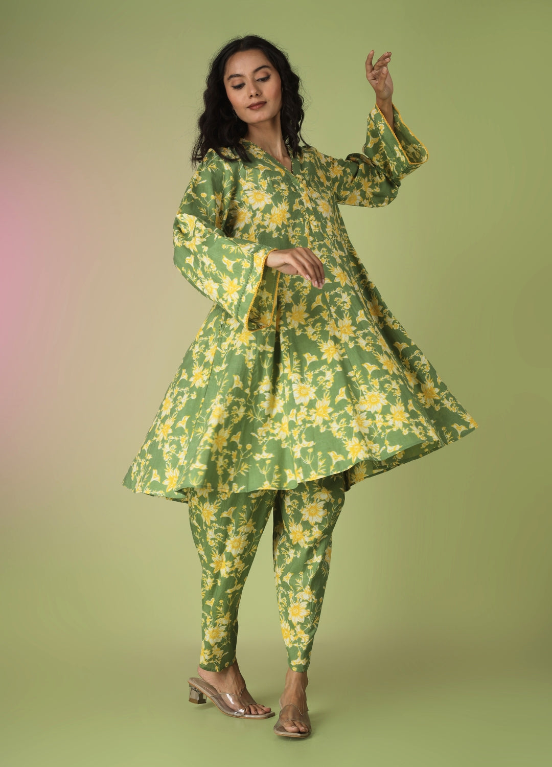 Green Printed Short Kurta with Tulip Pants